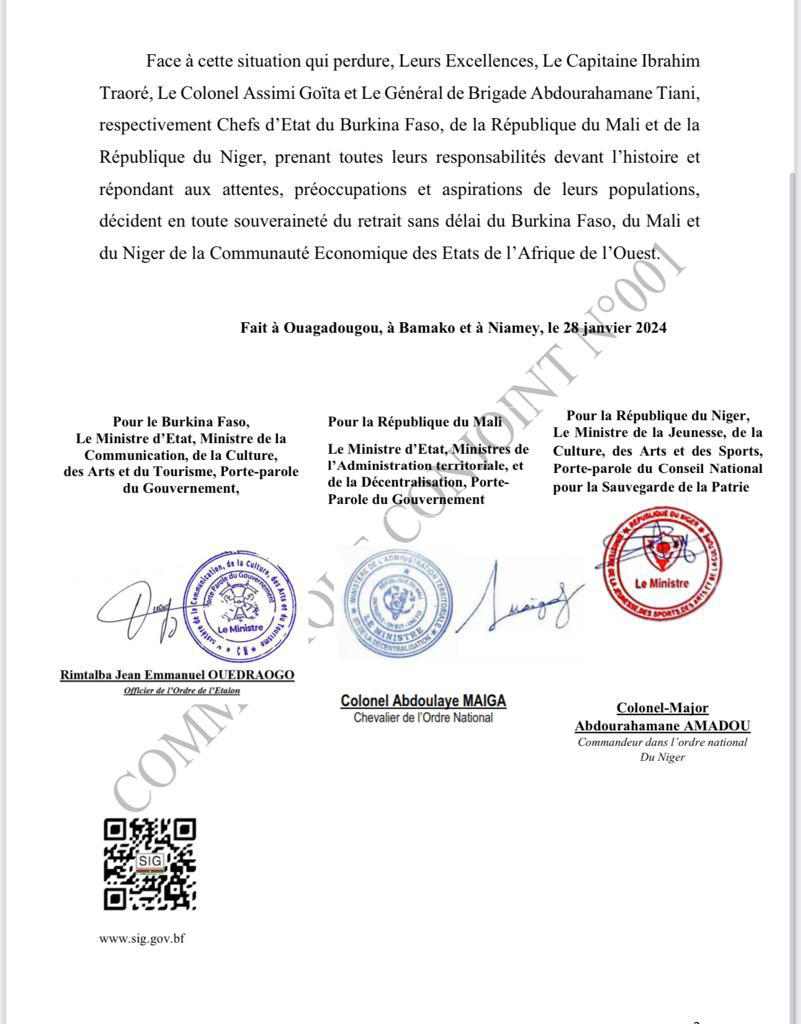 Communiqué retrait CEDEAO