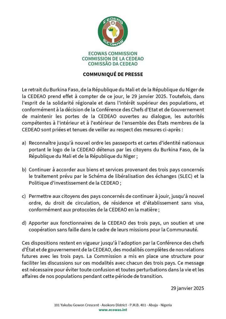 Le Niger, le Mali et le Burkina Faso se sont officiellement retirés de la CEDEAO : communiqué